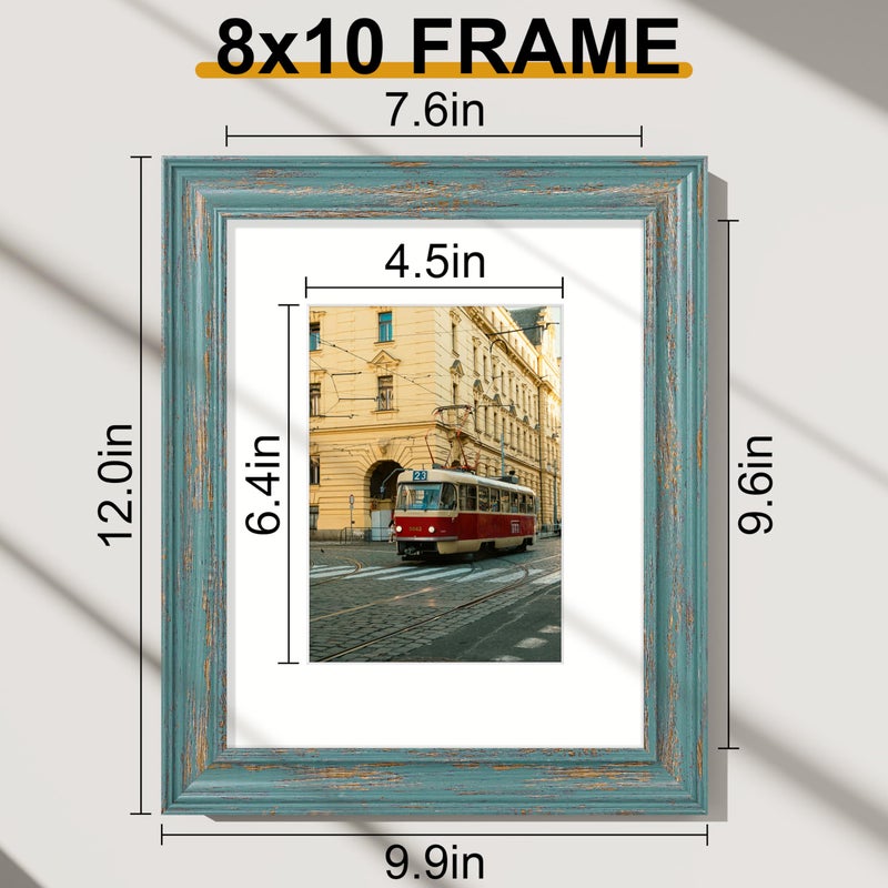 Vittanly 8x10 Picture Frames Set of 2, Ornate Vintage Photo Frame for Wall or Tabletop, Display 5x7 Pictures with Mat or 8x10 without Mat, Rustic Blue - Image 2